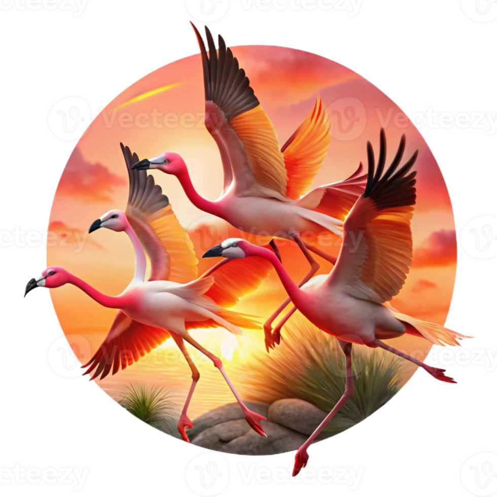 dramatic minimalist A flock of flamingos taking flight against a fiery sunset, captured in a painterly style with bold brushstrokes high resolution png