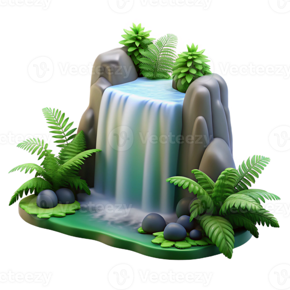beautiful vintage A cascading waterfall surrounded by lush green ferns, soft diffused lighting, photorealistic style 4K png