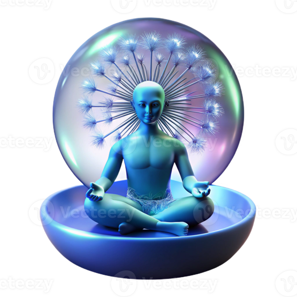 dramatic abstract A solitary figure with bioluminescent skin, meditating within a giant dandelion seedhead, lit by the ethereal glow of a nebula, Art Nouveau style detailed png