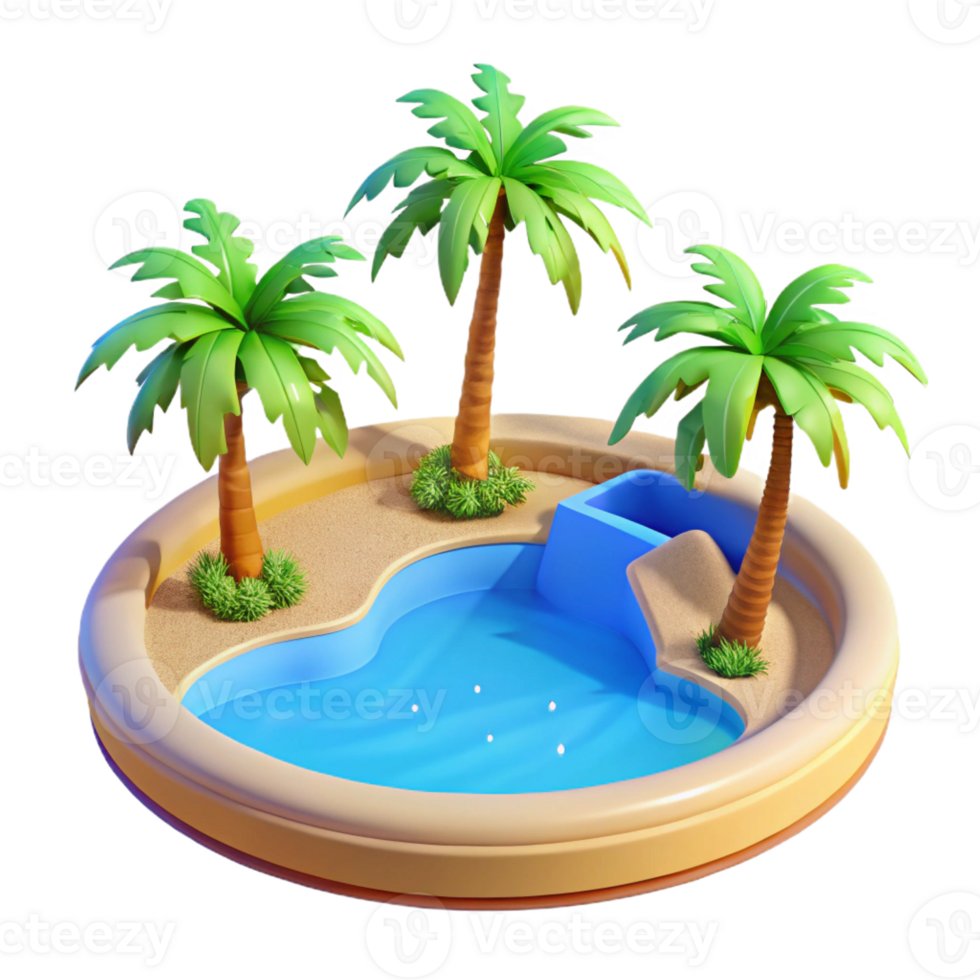 impressive abstract A desert oasis with palm trees and a clear blue pool, vibrant and refreshing, photorealistic style high resolution png