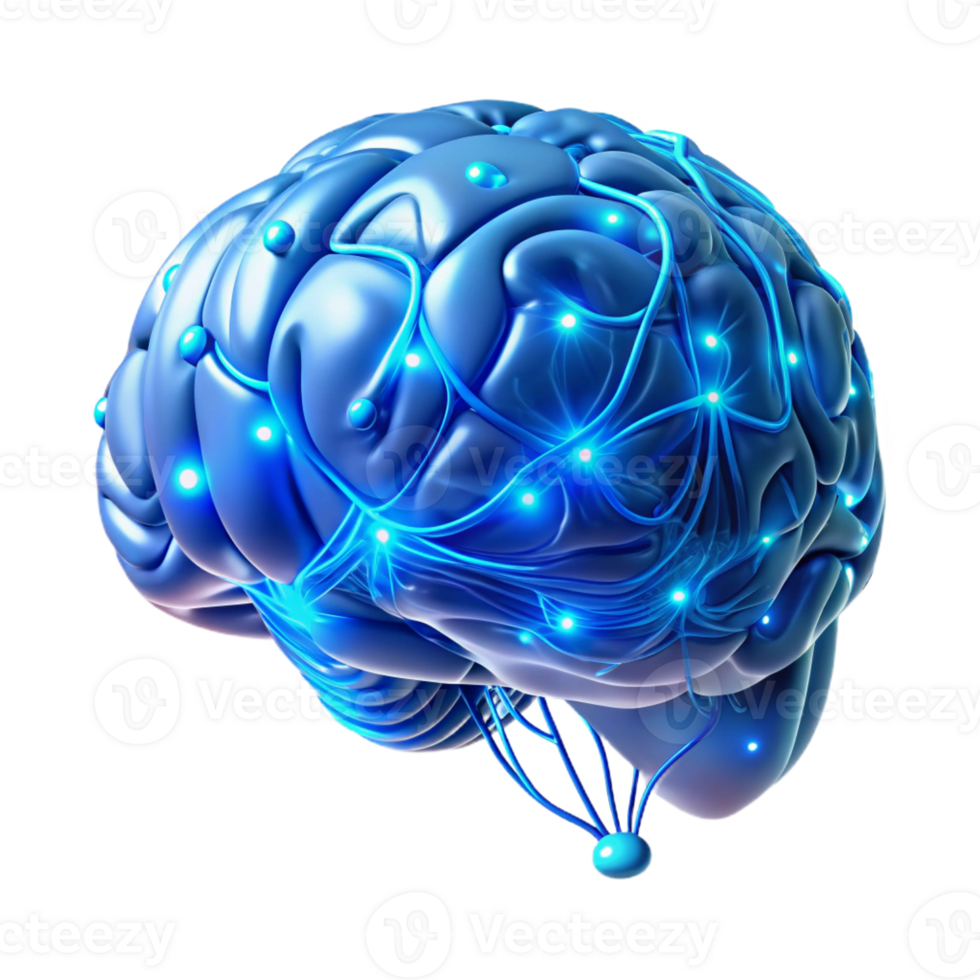 wonderful traditional A holographic projection of a human brain, intricately detailed with neural pathways illuminated by electric blue light, rendered in a futuristic, minimalist style authentic png