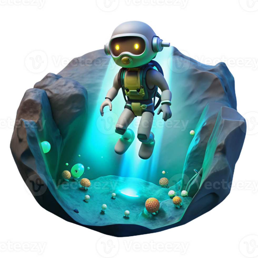 vibrant artistic A robotic explorer descending into a deep ocean trench, illuminated by the faint glow of bioluminescent creatures. Underwater photography style detailed png
