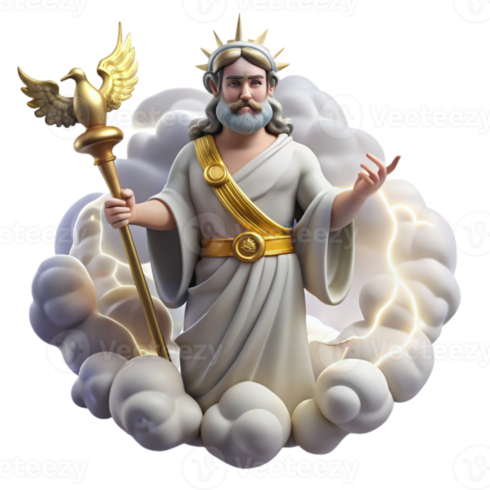 serene creative A regal Roman Jupiter holding a lightning bolt, surrounded by swirling clouds and eagles. Classical style high quality png