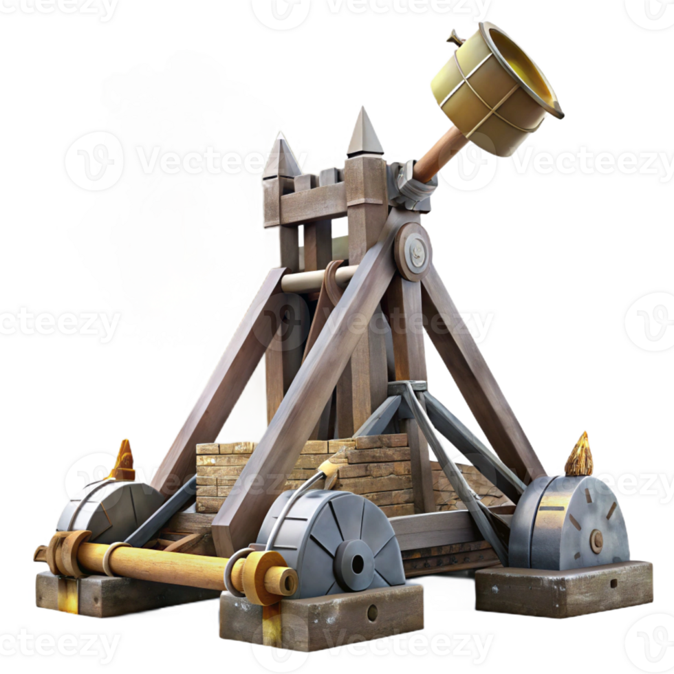 wonderful contemporary A medieval siege engine, a trebuchet, launching a projectile towards a castle wall, under a smoky, war-torn sky, in a historical painting style detailed png