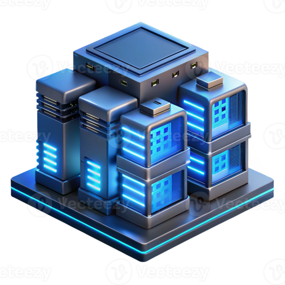 serene rustic A futuristic data center filled with servers and blinking lights, illuminated by a cool, blue light, rendered in a technical, architectural style exclusive png