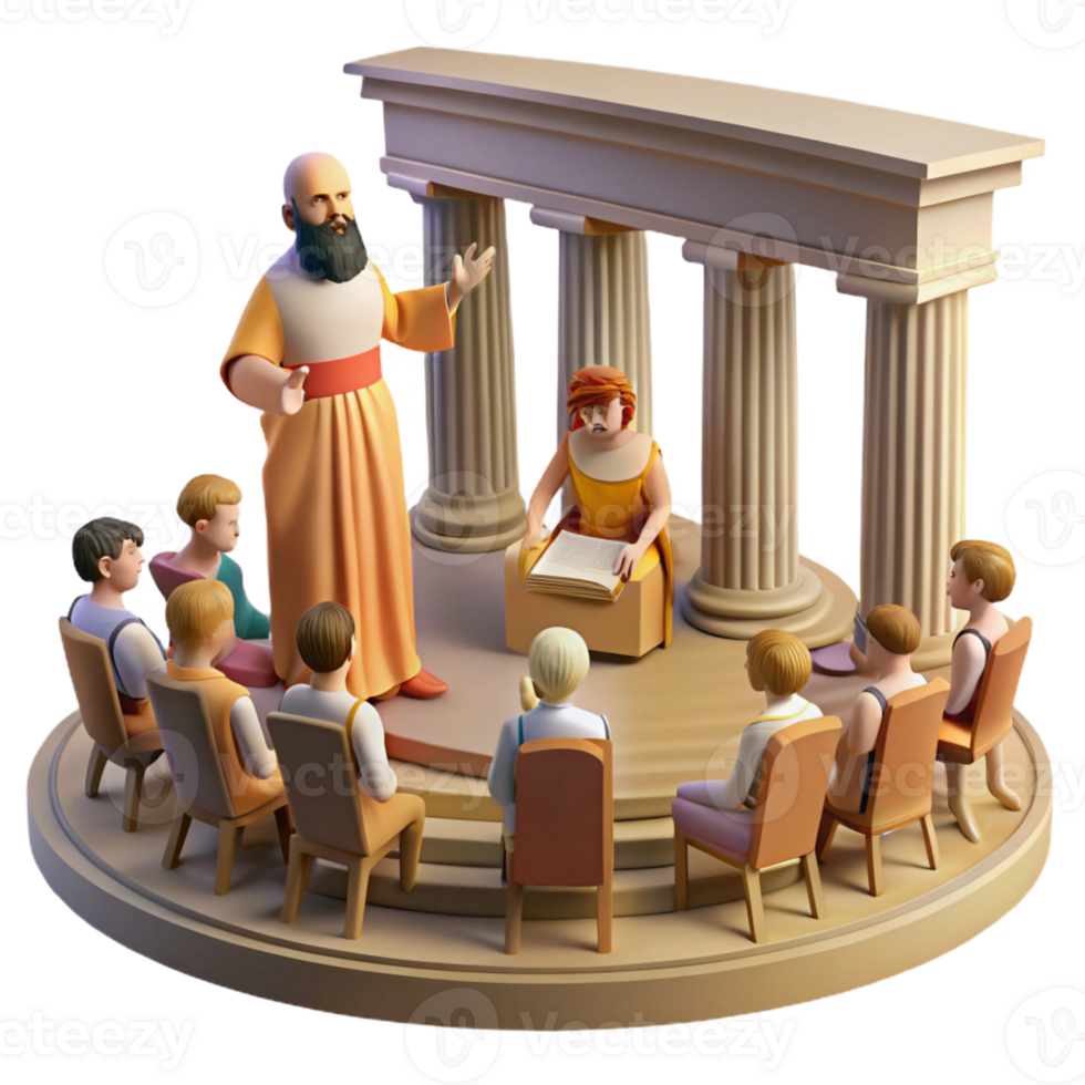 dramatic rustic An ancient Greek philosopher lecturing to his students in an open-air amphitheater, bathed in the warm sunlight. Classical, realistic style detailed png