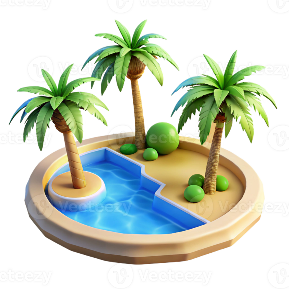 vibrant creative A desert oasis with palm trees and a clear blue pool, vibrant and refreshing, photorealistic style detailed png