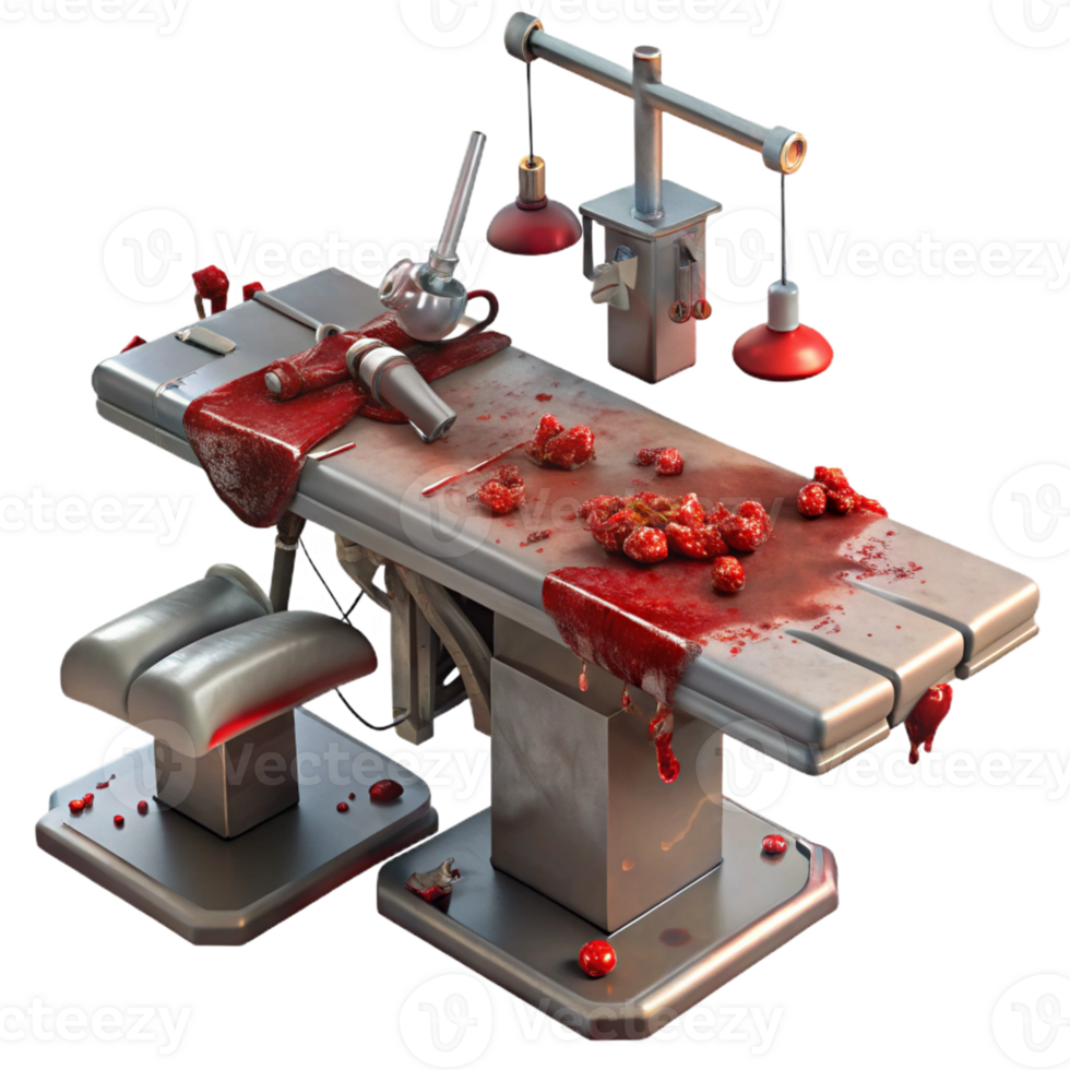 wonderful rustic A blood-soaked operating table with rusty surgical instruments scattered around. Harsh fluorescent lighting. Medical horror, splatterpunk style authentic png