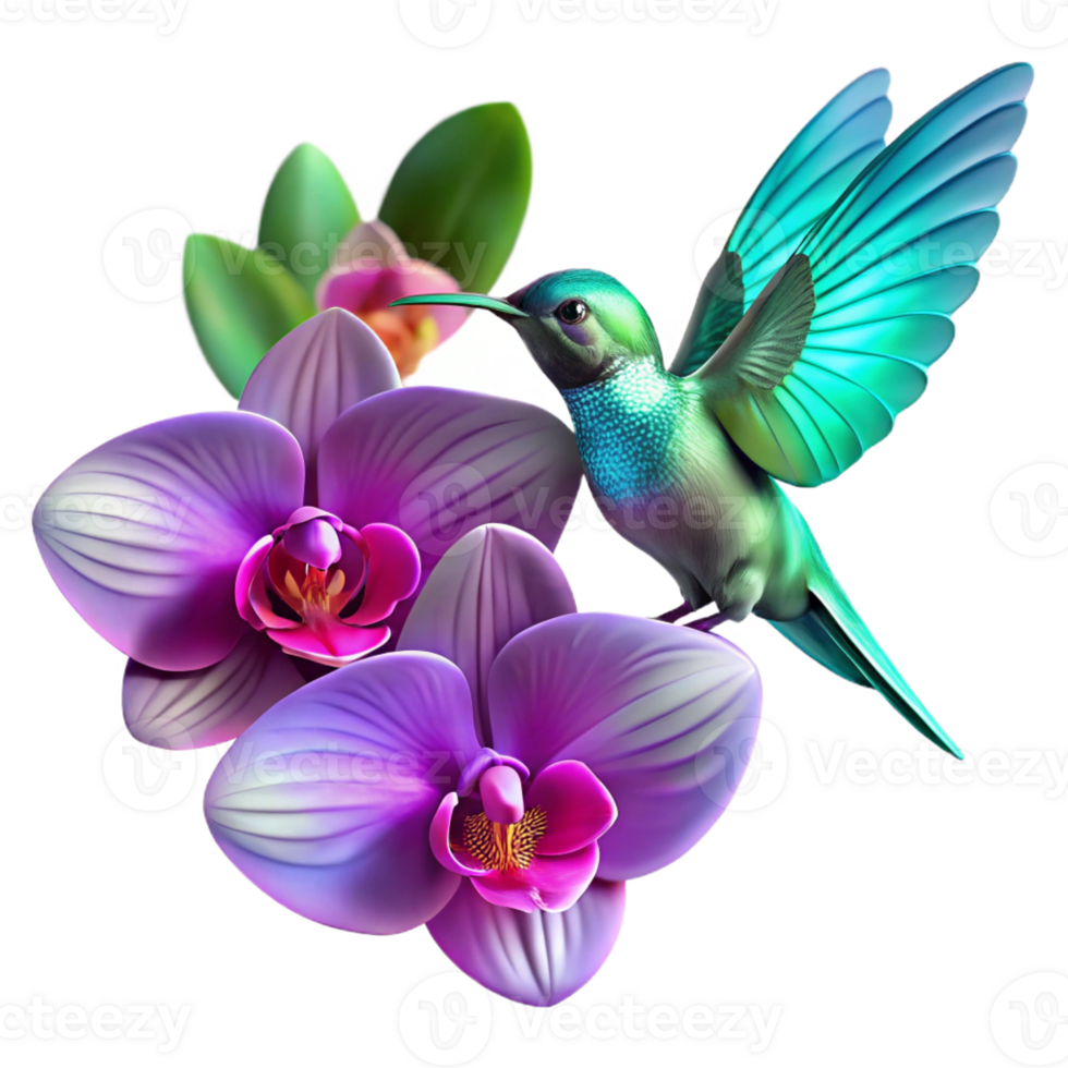 elegant abstract A hummingbird mid-flight, wings a blur of iridescent green and blue, hovering near a cluster of vibrant fuchsia orchids, dramatic chiaroscuro lighting, macro photography style 4K png