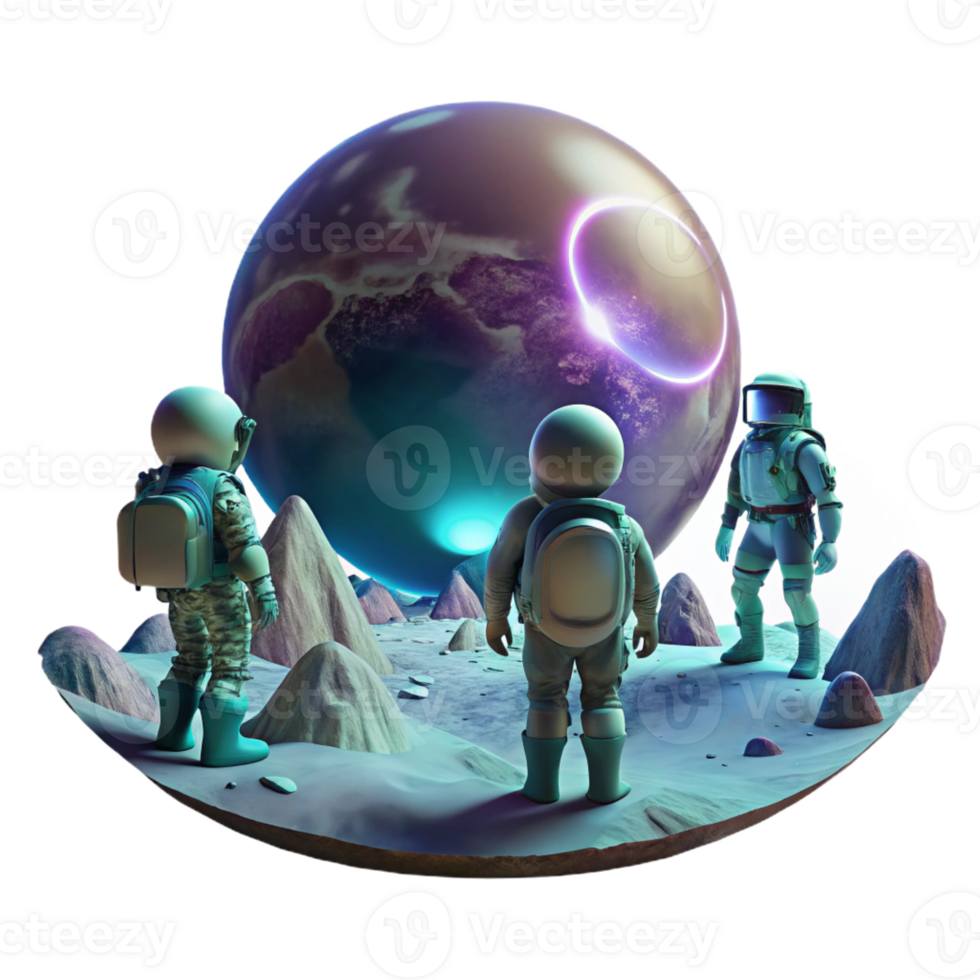 serene classic A group of astronauts exploring a desolate, alien planet, illuminated by the light of a distant nebula. Sci-fi, cinematic lighting 4K png