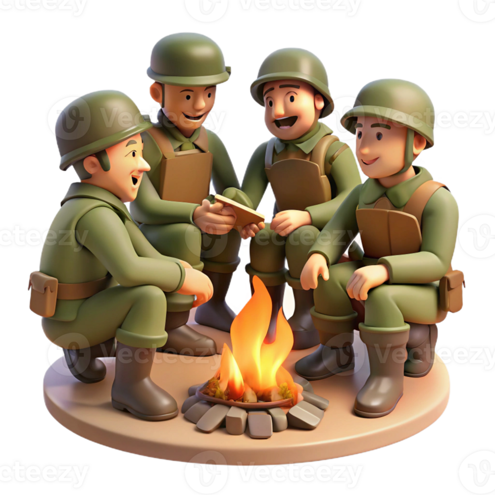 impressive modern A group of soldiers huddled around a campfire, sharing stories and rations. Warm, intimate lighting, camaraderie style high quality png