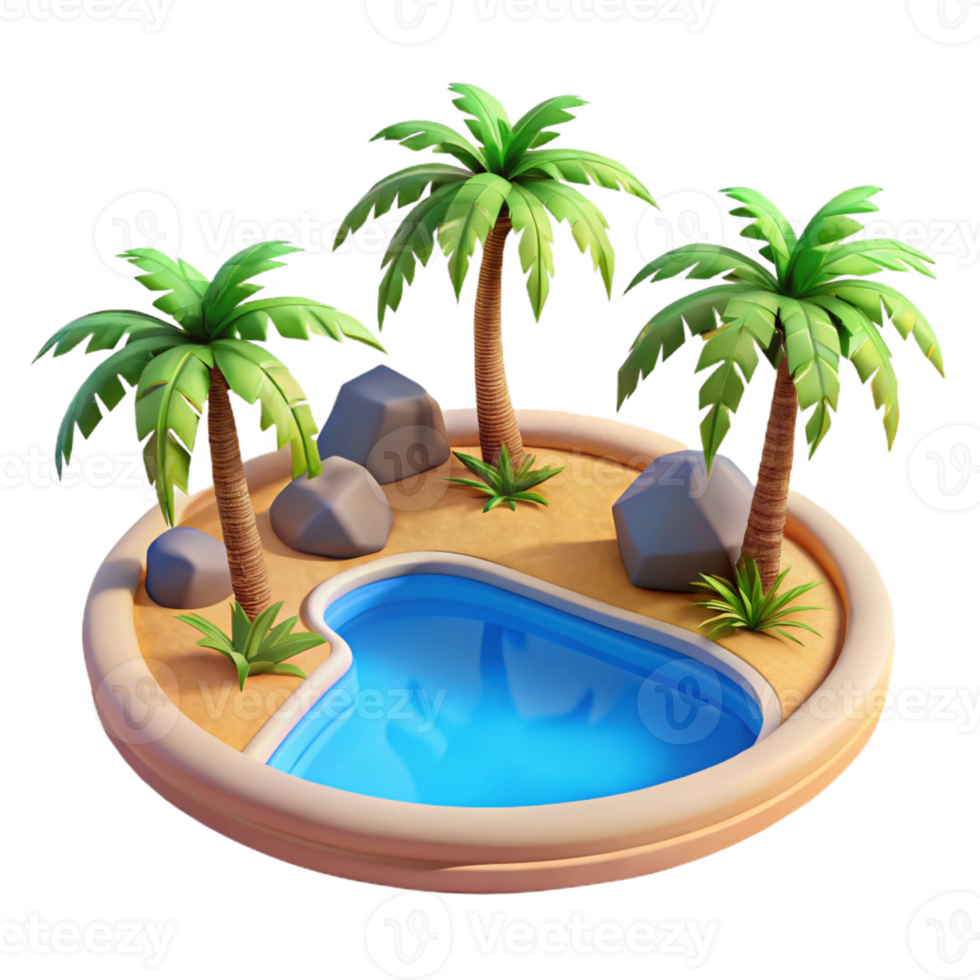 magnificent abstract A desert oasis with palm trees and a clear blue pool, vibrant and refreshing, photorealistic style high quality png