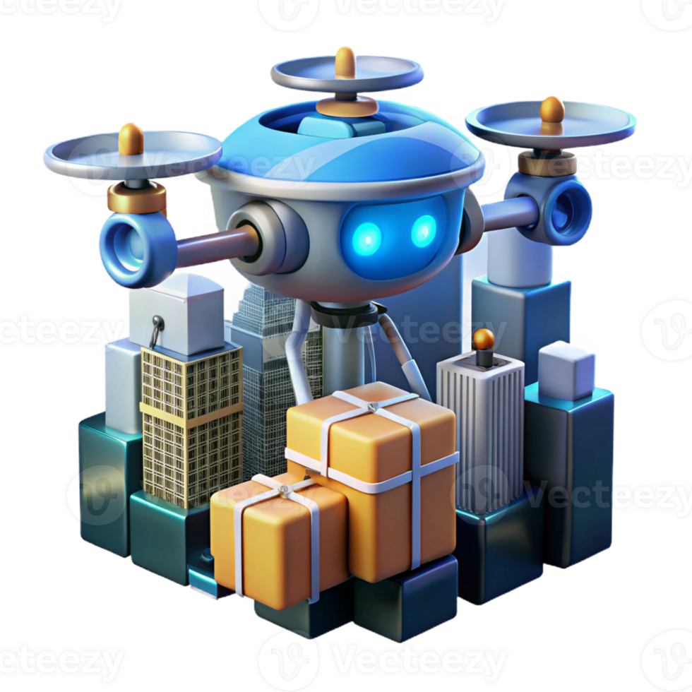 stunning artistic A robotic delivery drone carrying a package through a bustling cityscape, illuminated by the city lights. Drone photography style exclusive png