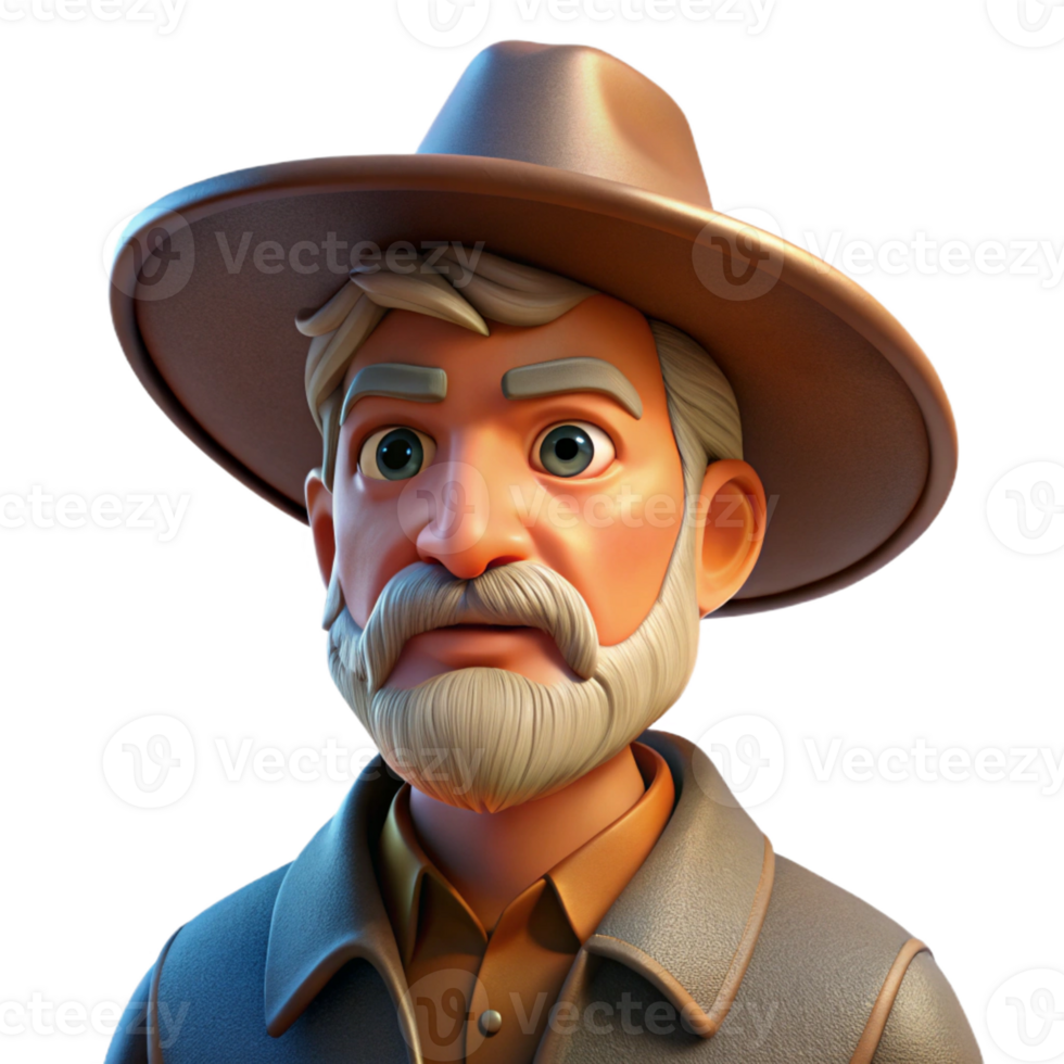 beautiful traditional Portrait of a grizzled cowboy with a weathered face and a Stetson hat, illuminated by the setting sun, in a Western art style high quality png