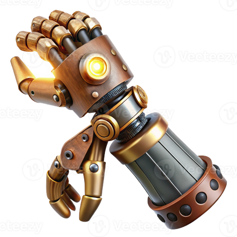 beautiful classic A complex steampunk prosthetic arm, crafted from polished wood, brass, and gears, illuminated by a single spotlight, photorealistic style detailed png