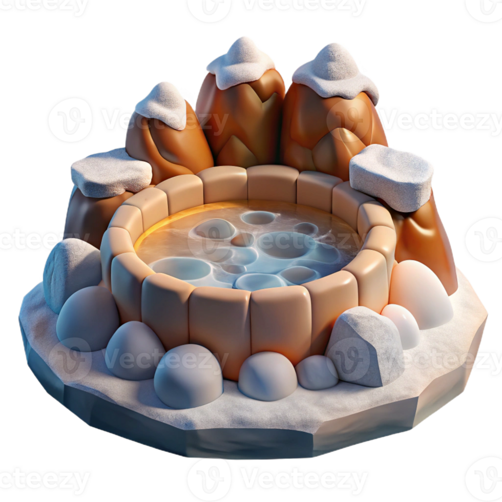 stunning classic A bubbling hot spring surrounded by snow-covered rocks, contrasting warm and cool tones, photorealistic rendering original png