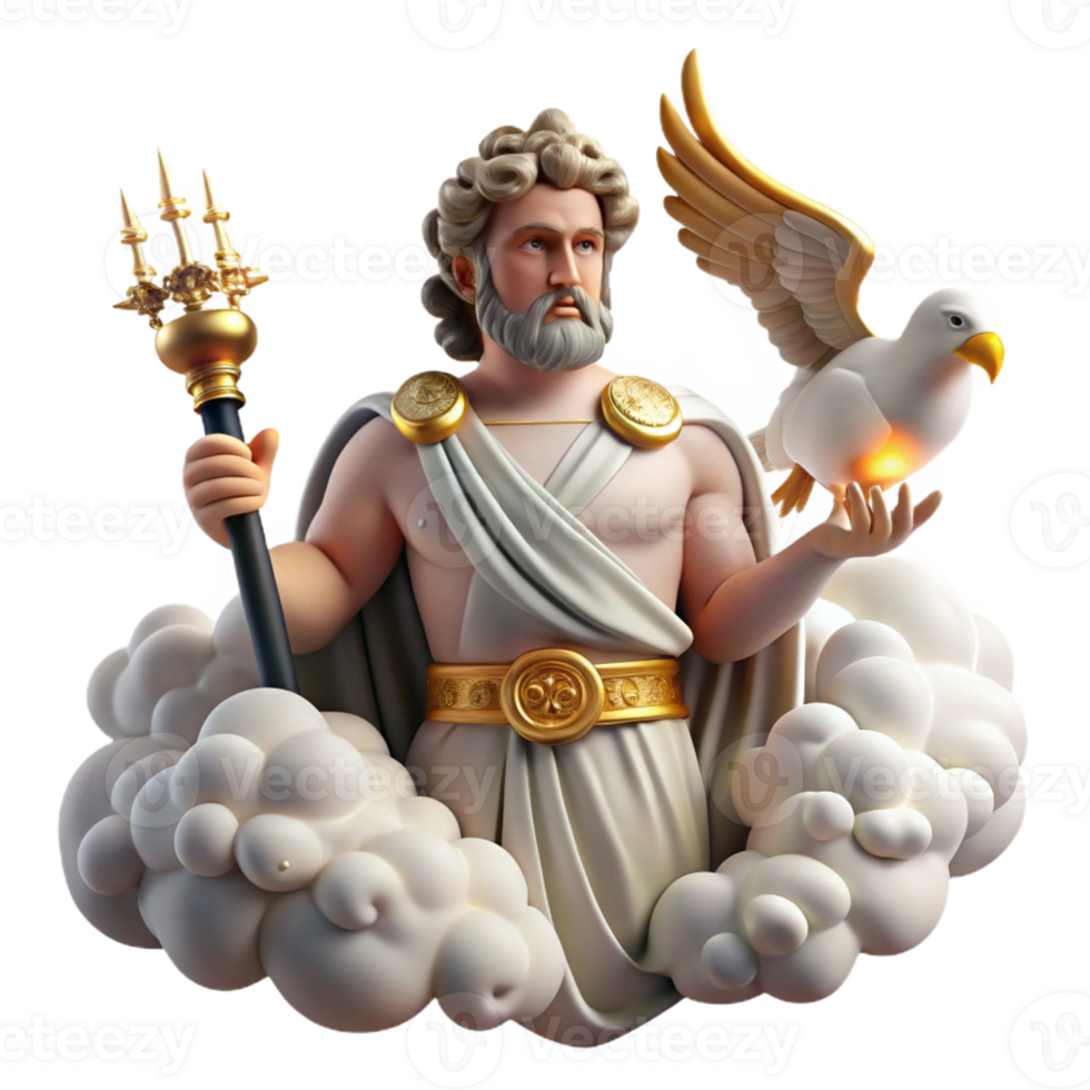 extraordinary vintage A regal Roman Jupiter holding a lightning bolt, surrounded by swirling clouds and eagles. Classical style authentic png