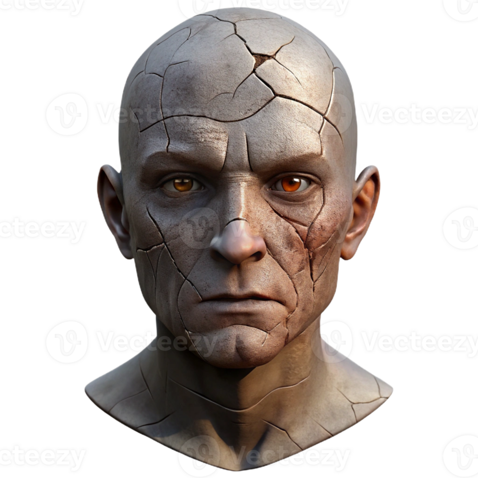 wonderful modern A close-up of a cracked and weathered human face, etched with hardship, dramatic chiaroscuro lighting authentic png