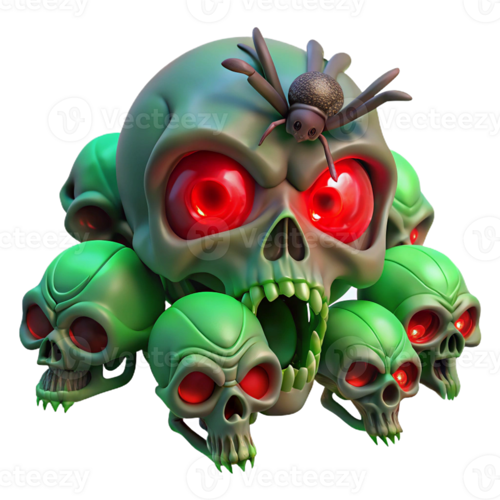 dramatic traditional A swarm of skeletal insects with glowing red eyes devouring a human skull. Dim, eerie green lighting. Macabre, surreal style high resolution png