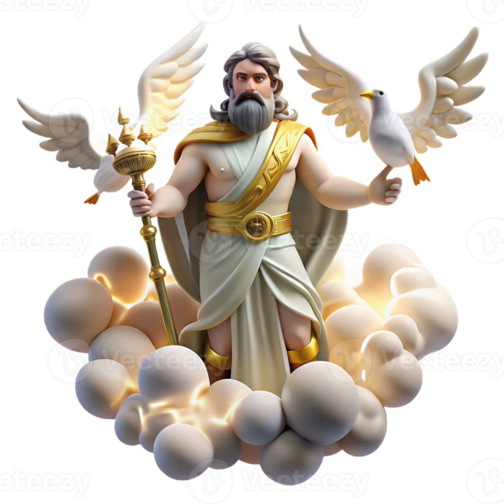 wonderful traditional A regal Roman Jupiter holding a lightning bolt, surrounded by swirling clouds and eagles. Classical style premium png