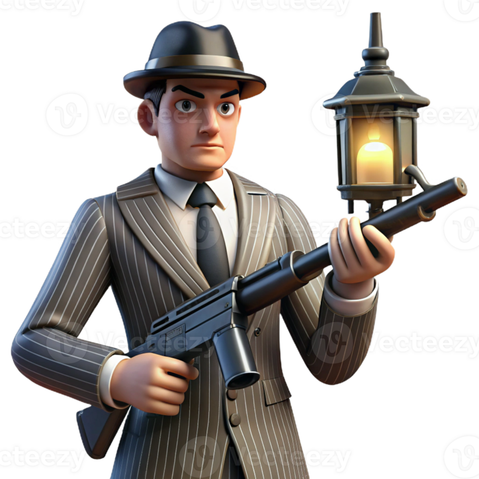 serene vintage A 1920s gangster in a pinstripe suit holding a Tommy gun, illuminated by the harsh light of a streetlamp. Noir, cinematic lighting original png