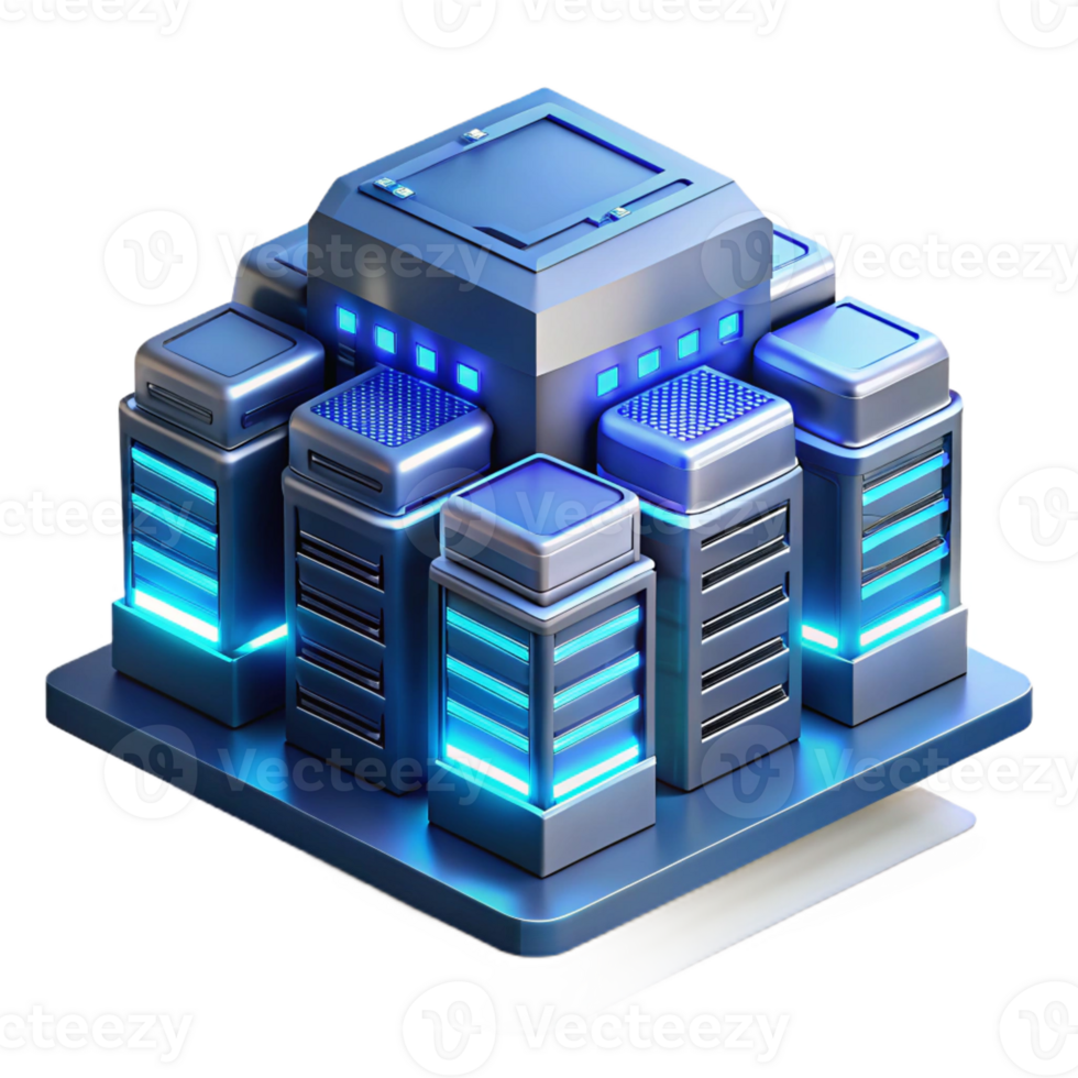 dramatic modern A futuristic data center filled with servers and blinking lights, illuminated by a cool, blue light, rendered in a technical, architectural style 4K png