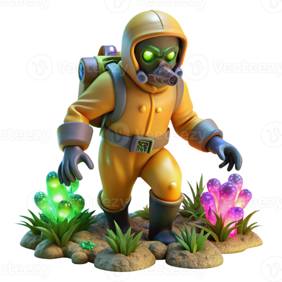 dramatic creative A figure in a hazmat suit exploring a toxic wasteland, illuminated by the eerie glow of mutated plants, sci-fi horror style, high resolution png