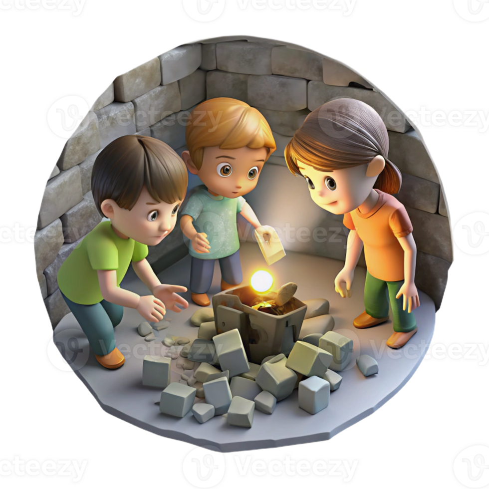 extraordinary rustic A group of children scavenging for scraps in a bombed-out building, lit by a single shaft of light from a hole in the ceiling. Gritty and realistic style original png