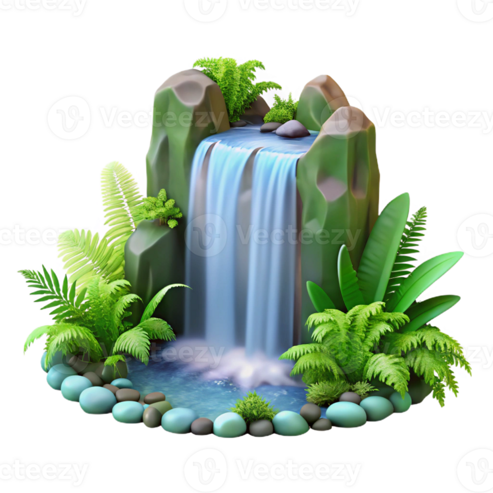 dramatic modern A cascading waterfall surrounded by lush green ferns, soft diffused lighting, photorealistic style genuine png