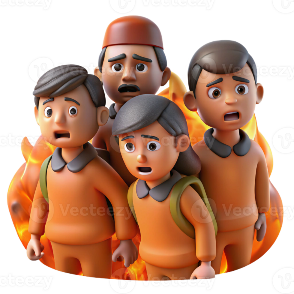 dramatic minimalist A group of refugees flees a burning city, their faces etched with fear. Warm, orange hues, photojournalistic style detailed png