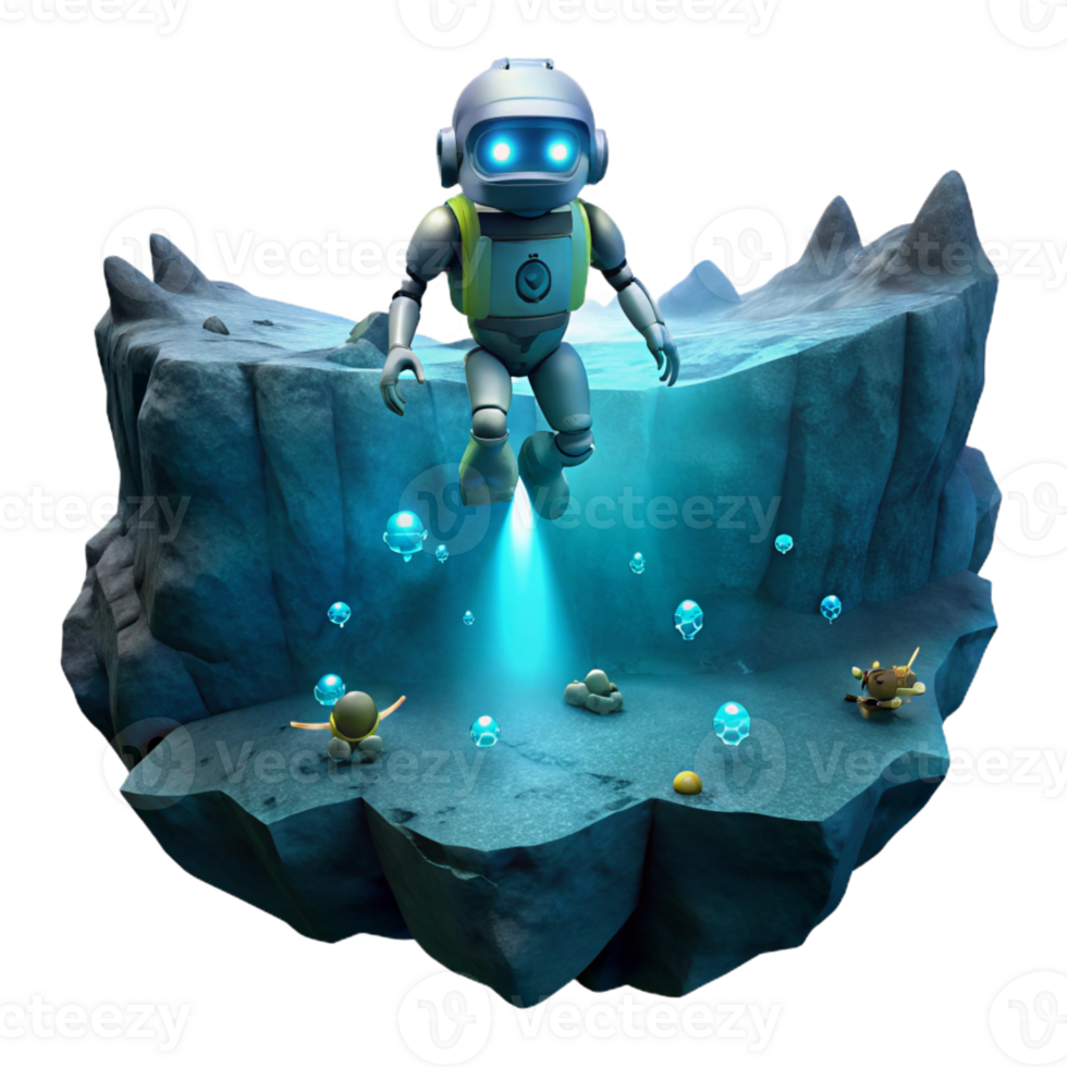 serene minimalist A robotic explorer descending into a deep ocean trench, illuminated by the faint glow of bioluminescent creatures. Underwater photography style professional png