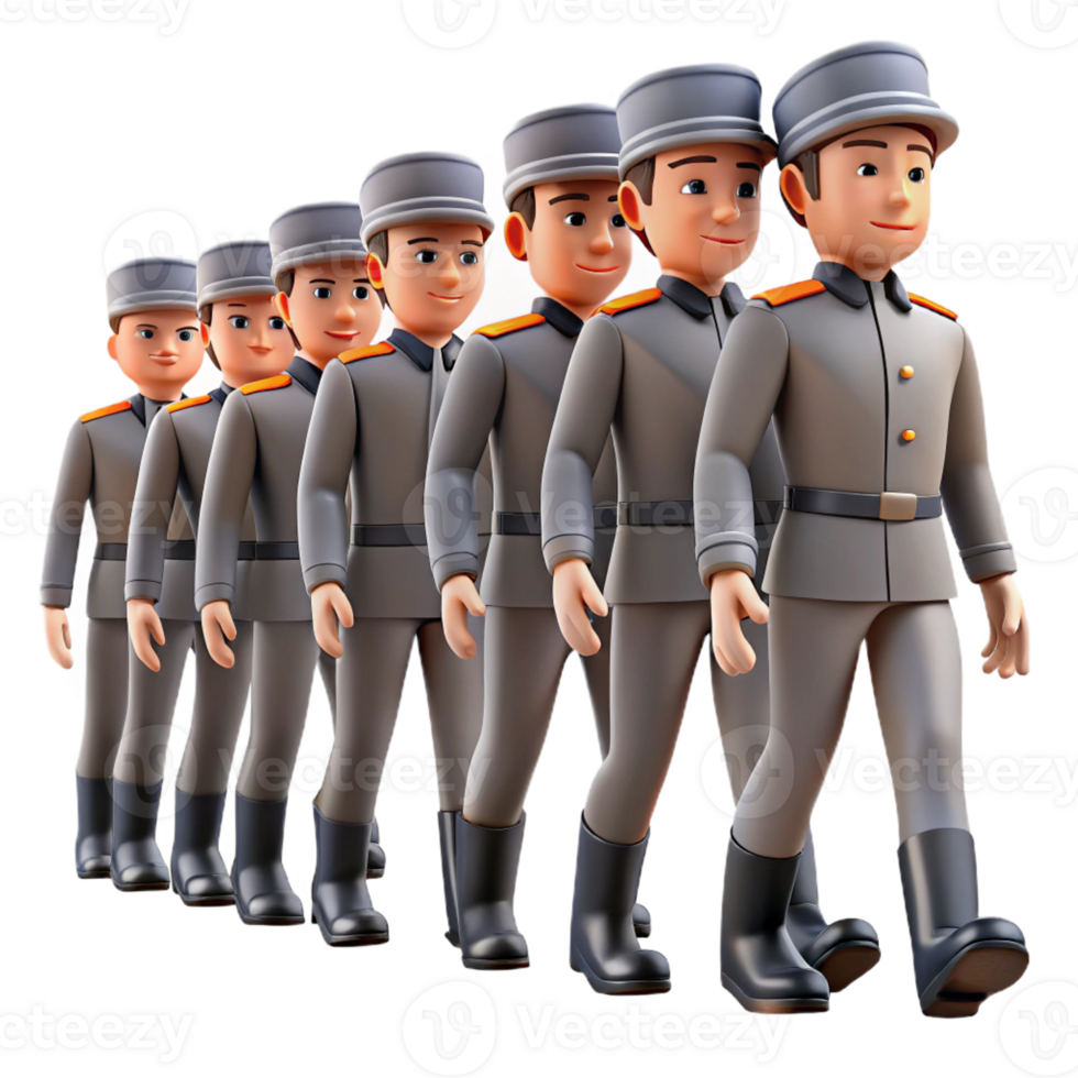 extraordinary contemporary A group of people wearing identical uniforms, marching in perfect synchronization, oppressive and dehumanizing, cold grey lighting original png