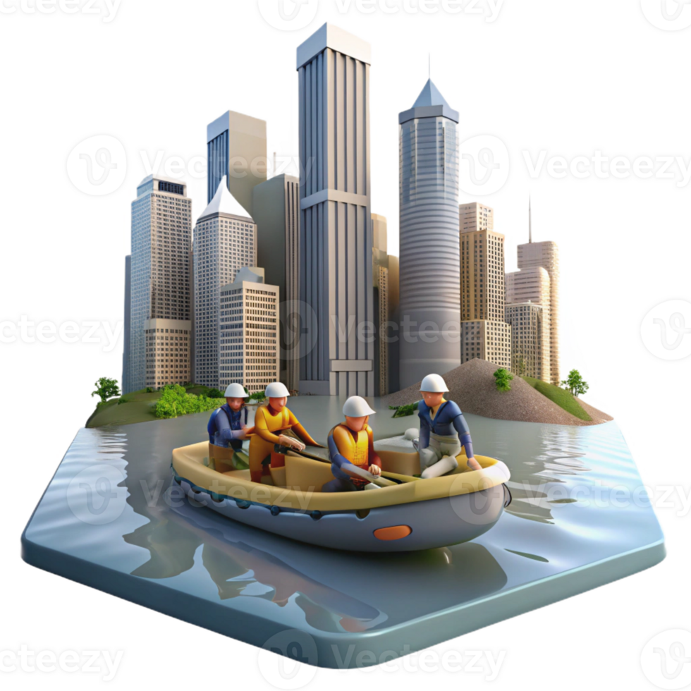 vibrant contemporary A group of survivors sailing on a makeshift raft down a flooded river, past submerged skyscrapers. Dreary, overcast lighting, survivalist theme detailed png