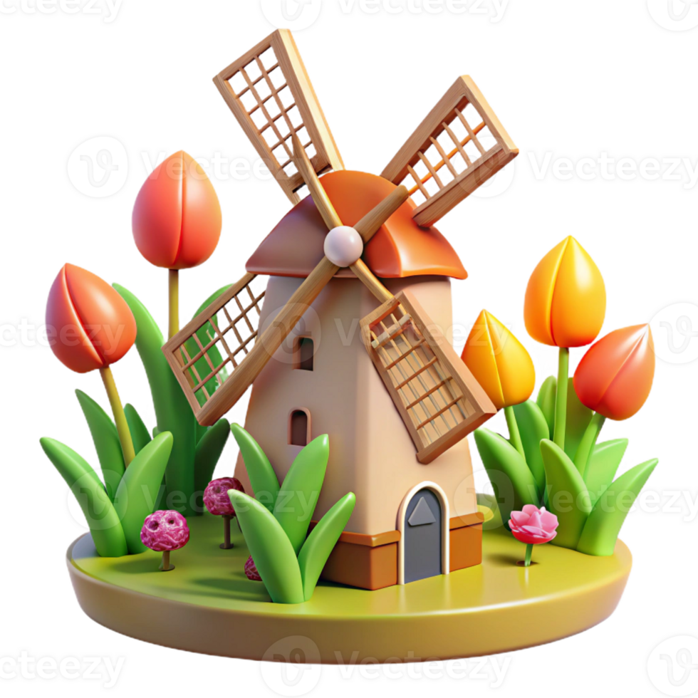 vibrant creative A traditional windmill in a field of tulips, bright sunlight, Dutch style high quality png