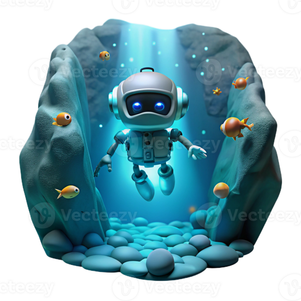wonderful rustic A robotic explorer descending into a deep ocean trench, illuminated by the faint glow of bioluminescent creatures. Underwater photography style original png