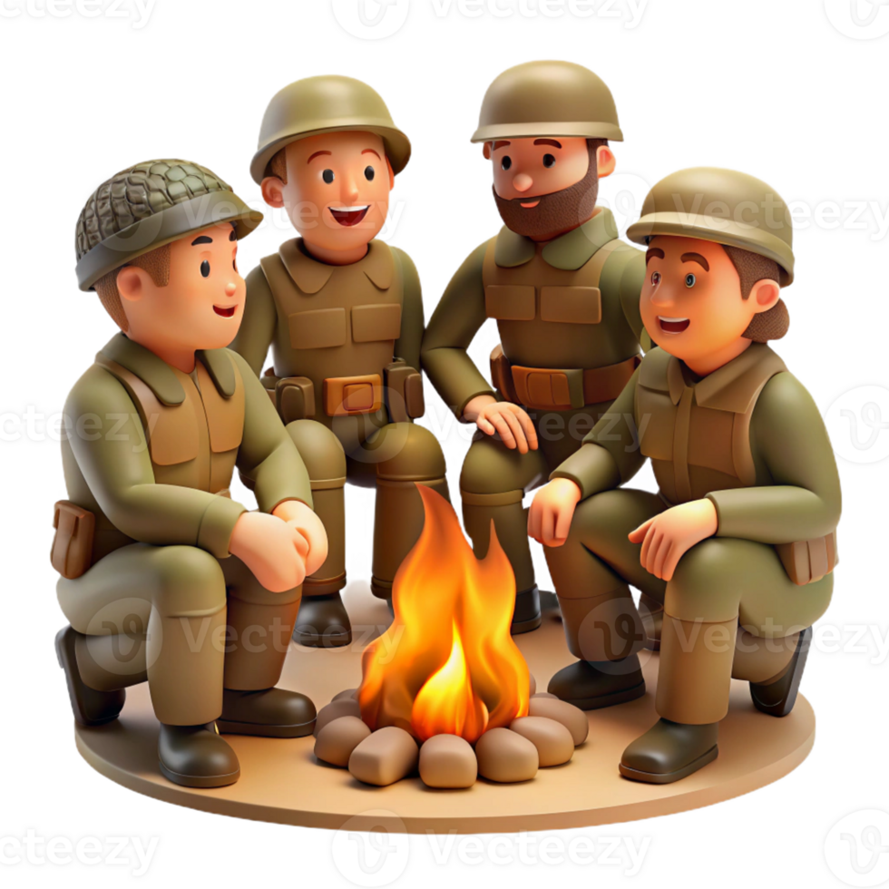 wonderful modern A group of soldiers huddled around a campfire, sharing stories and rations. Warm, intimate lighting, camaraderie style 4K png