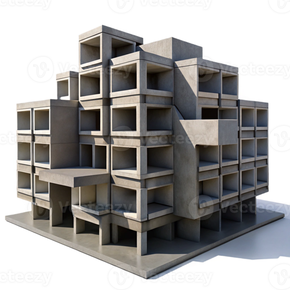 wonderful rustic Brutalist concrete apartment complex, repetitive geometric patterns, harsh shadows, urban photography style premium png