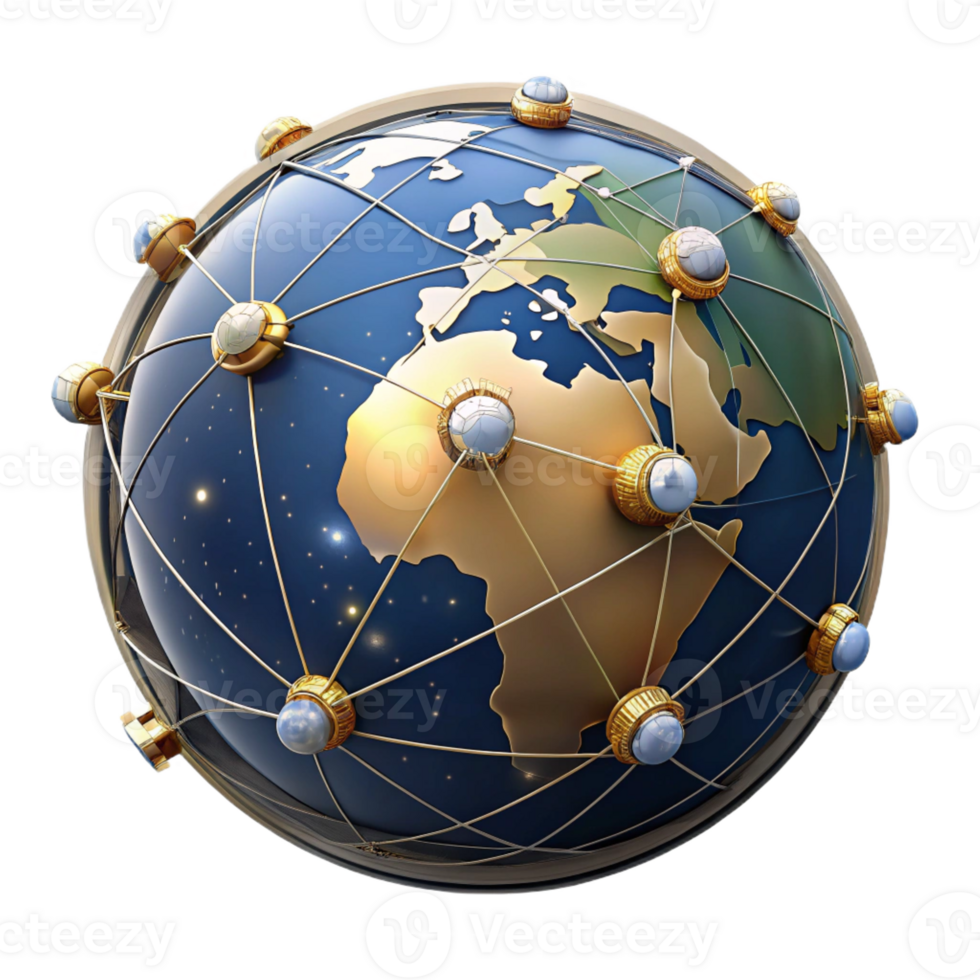 magnificent contemporary A network of satellites orbiting a stylized Earth, illuminated by the sun's rays and city lights, rendered in a realistic, space exploration style 4K png