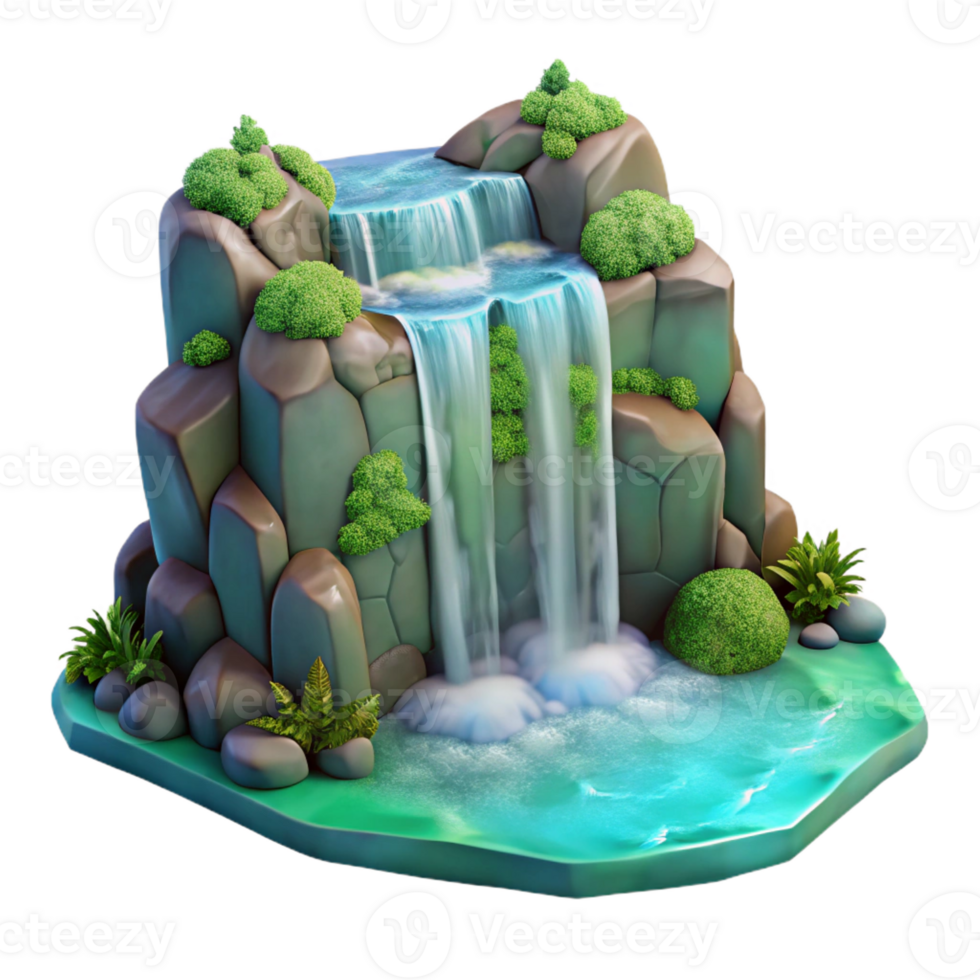 dramatic artistic A cascading waterfall tumbling over smooth, moss-covered rocks into a crystal-clear pool. Romantic style authentic png