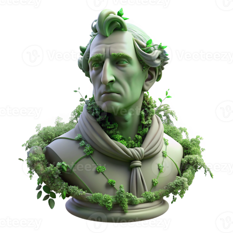 serene classic A decaying statue of a forgotten leader, overgrown with vines, symbolic of lost glory, soft green lighting original png