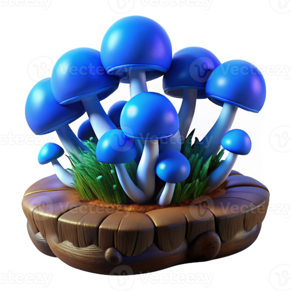 serene rustic A cluster of vibrant blue mushrooms growing on a mossy log, dark and moody lighting, fantasy art style genuine png