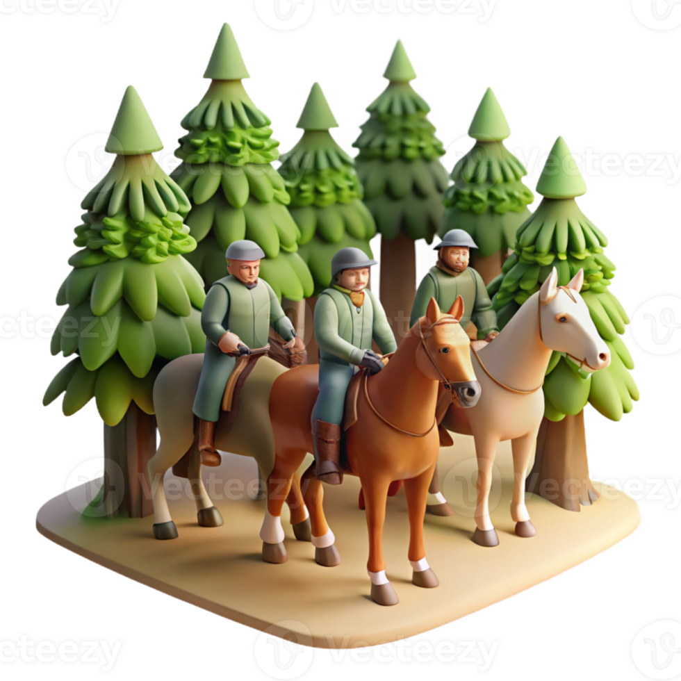 serene creative A group of pilgrims traveling on horseback through a dense forest, illuminated by dappled sunlight filtering through the trees, in a realistic style professional png