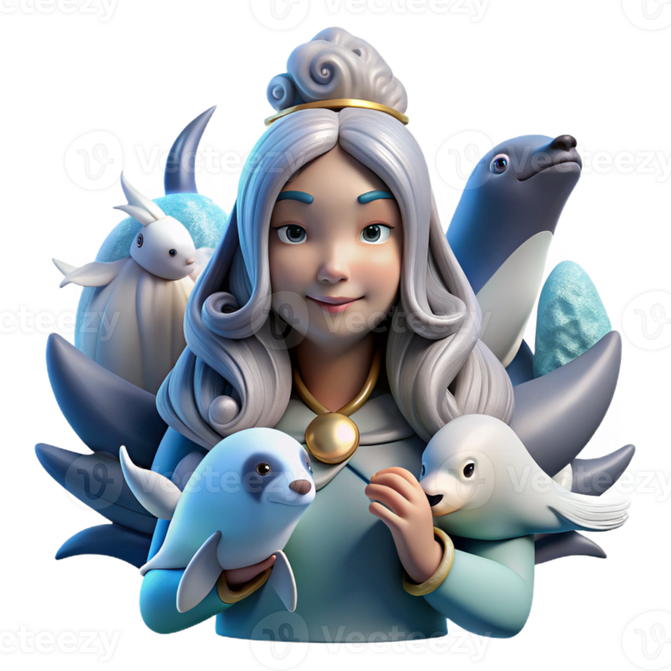 extraordinary artistic A benevolent Inuit Sedna, goddess of the sea, surrounded by seals and whales, hair flowing with kelp. Arctic art style, cool lighting high resolution png