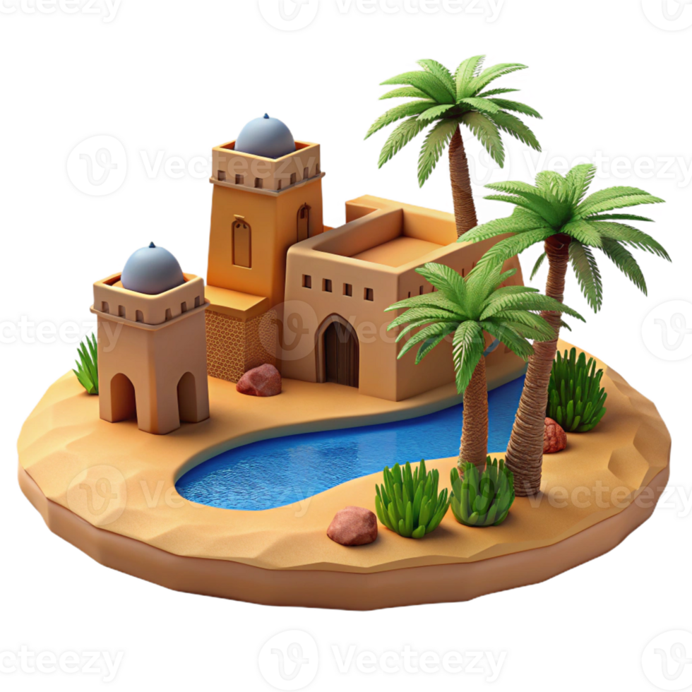 beautiful rustic Desert oasis, traditional mud-brick architecture, palm trees, clear blue sky, vibrant colors, photographic style genuine png