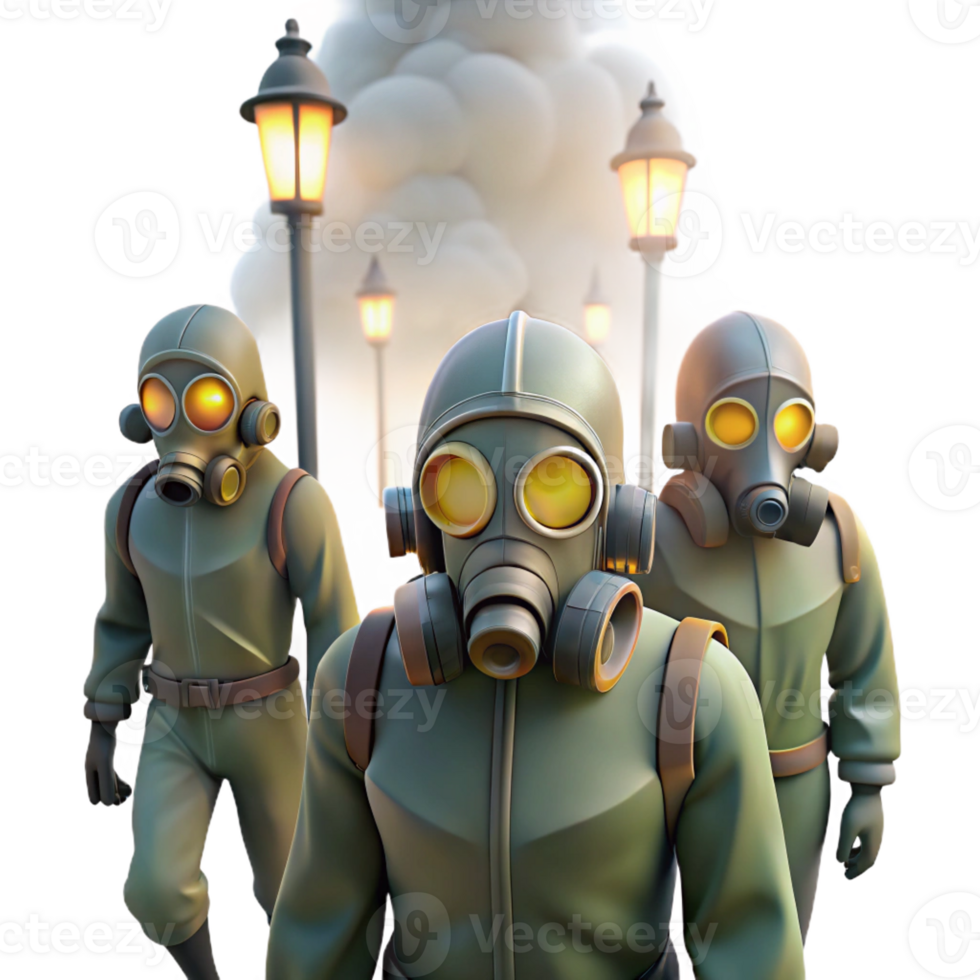 vibrant vintage A group of people wearing gas masks walking through a toxic fog, illuminated by streetlights casting an eerie glow, dystopian and unsettling, detailed png