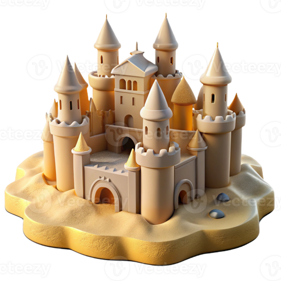 vibrant creative Sandcastle city, intricate towers and walls, beach setting, golden sunlight, realistic rendering high quality png