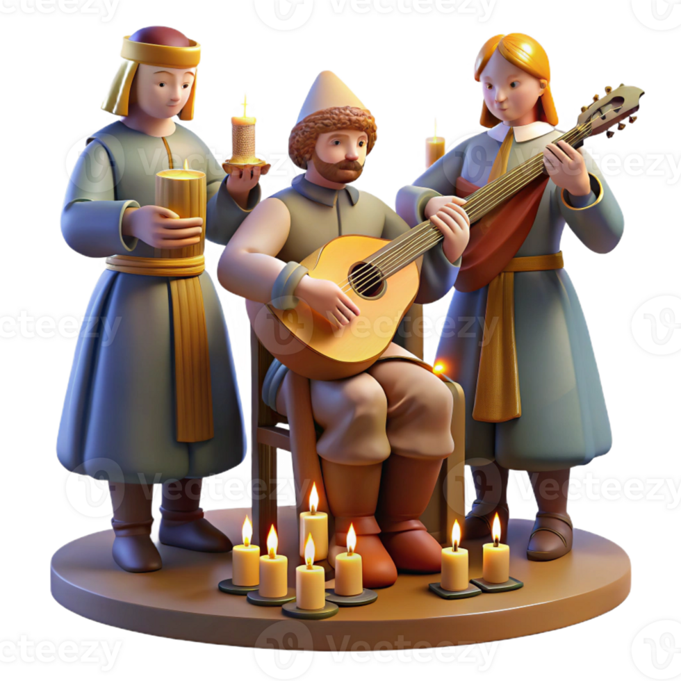magnificent artistic A group of medieval musicians playing lutes, harps, and flutes in a royal court, illuminated by warm candlelight, in a Renaissance painting style authentic png