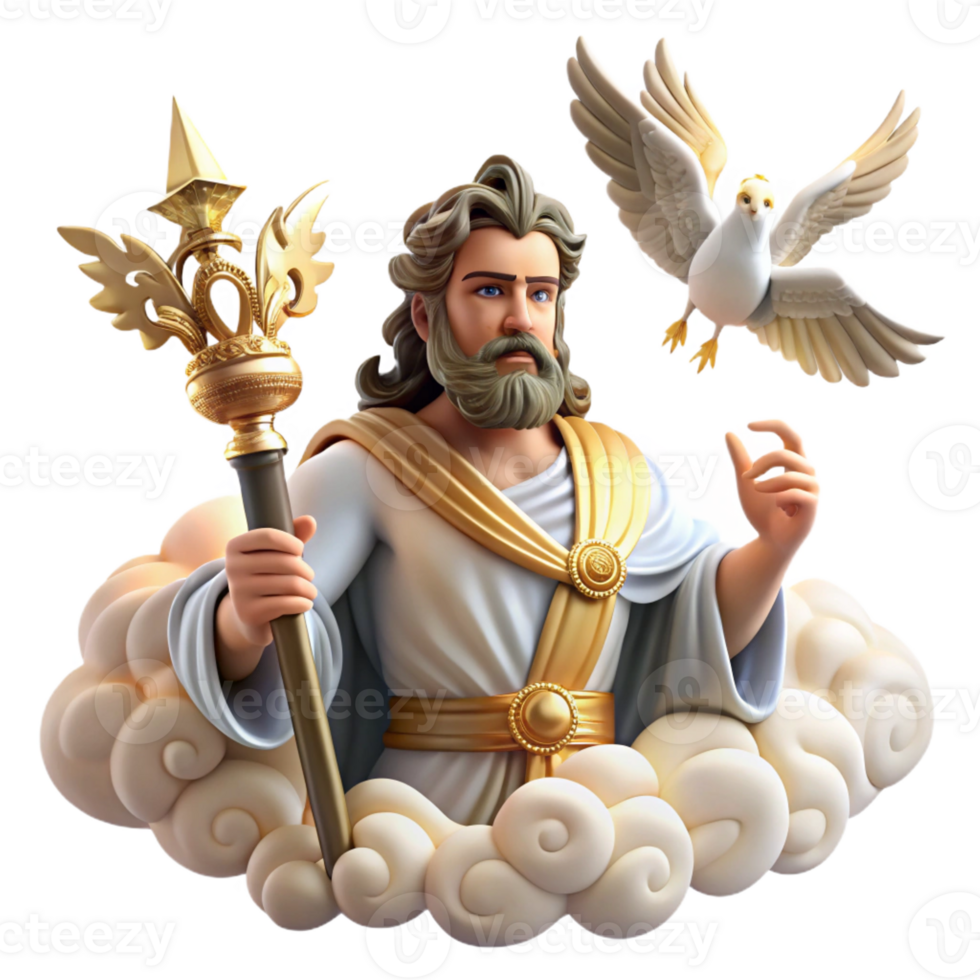 wonderful vintage A regal Roman Jupiter holding a lightning bolt, surrounded by swirling clouds and eagles. Classical style premium png