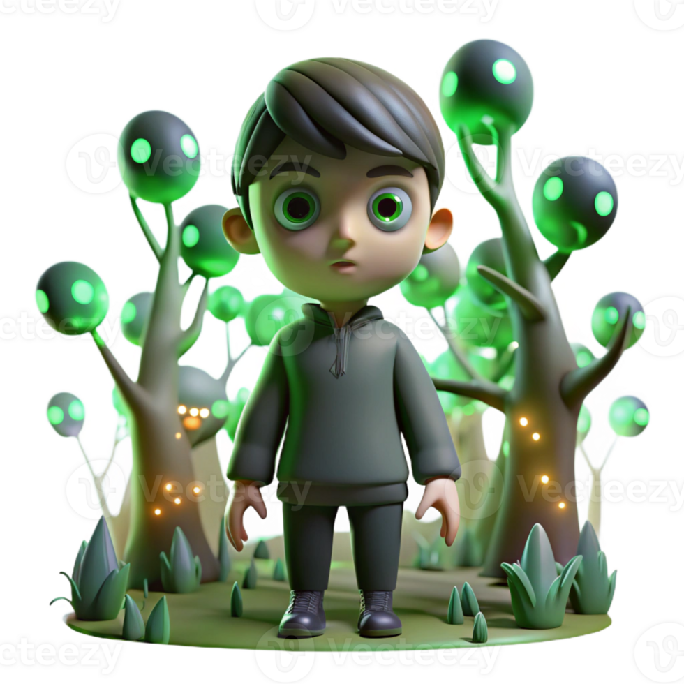 extraordinary traditional A lone child standing in a dark forest, surrounded by glowing eyes. Eerie green lighting. Supernatural horror, fairytale horror style genuine png
