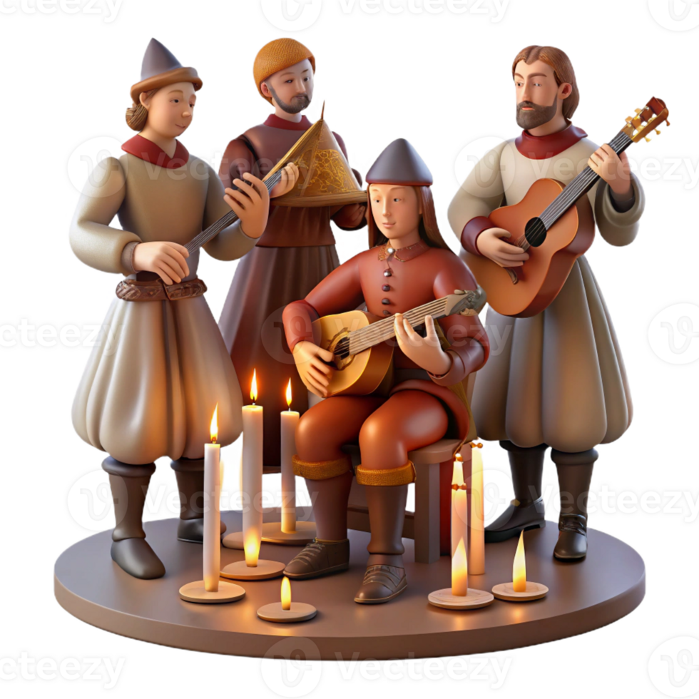 wonderful artistic A group of medieval musicians playing lutes, harps, and flutes in a royal court, illuminated by warm candlelight, in a Renaissance painting style authentic png